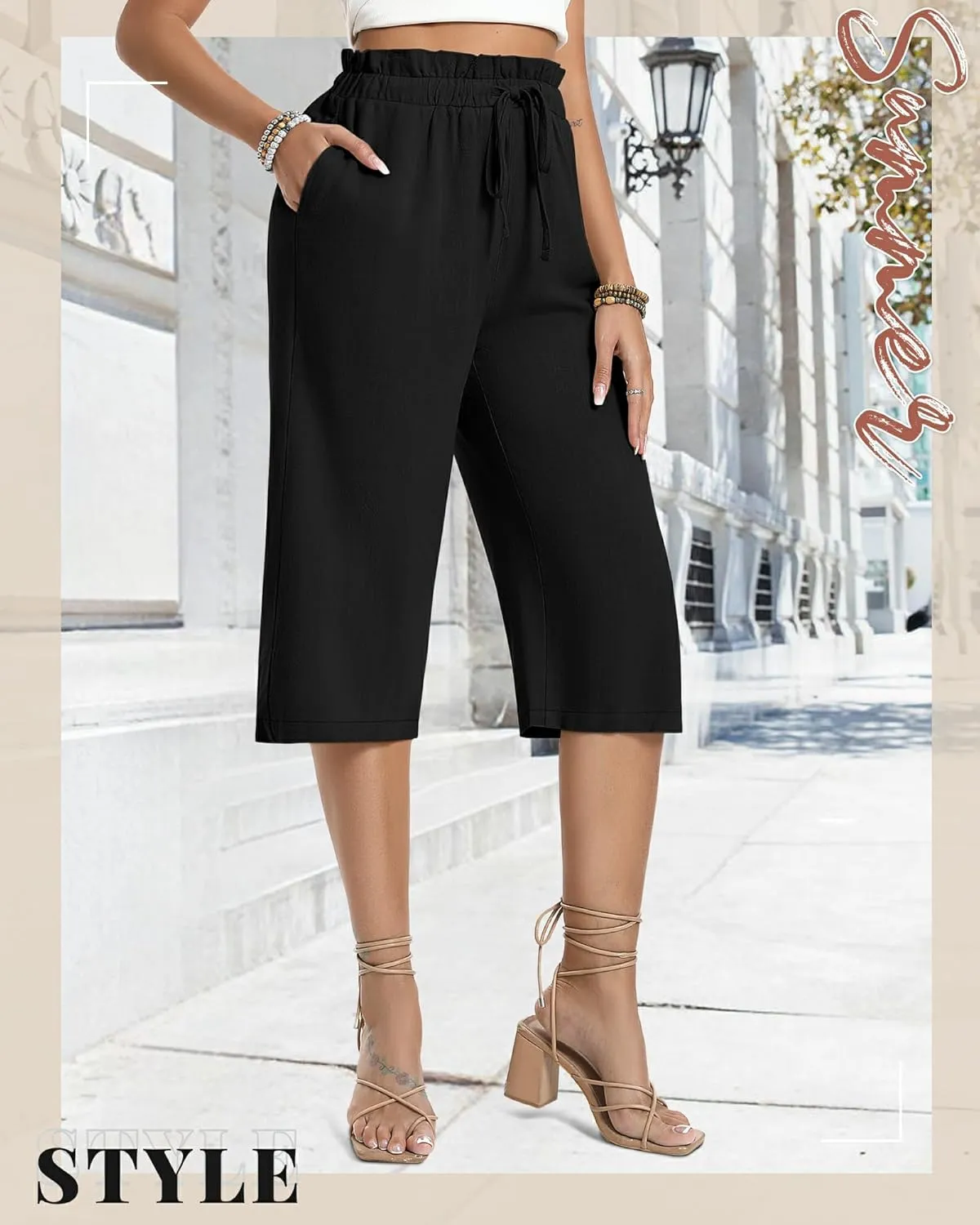 2 Pack Women's Linen Cotton Capri Pants Drawstring High Waisted Loose Wide Leg Casual Summer Trousers with Pockets