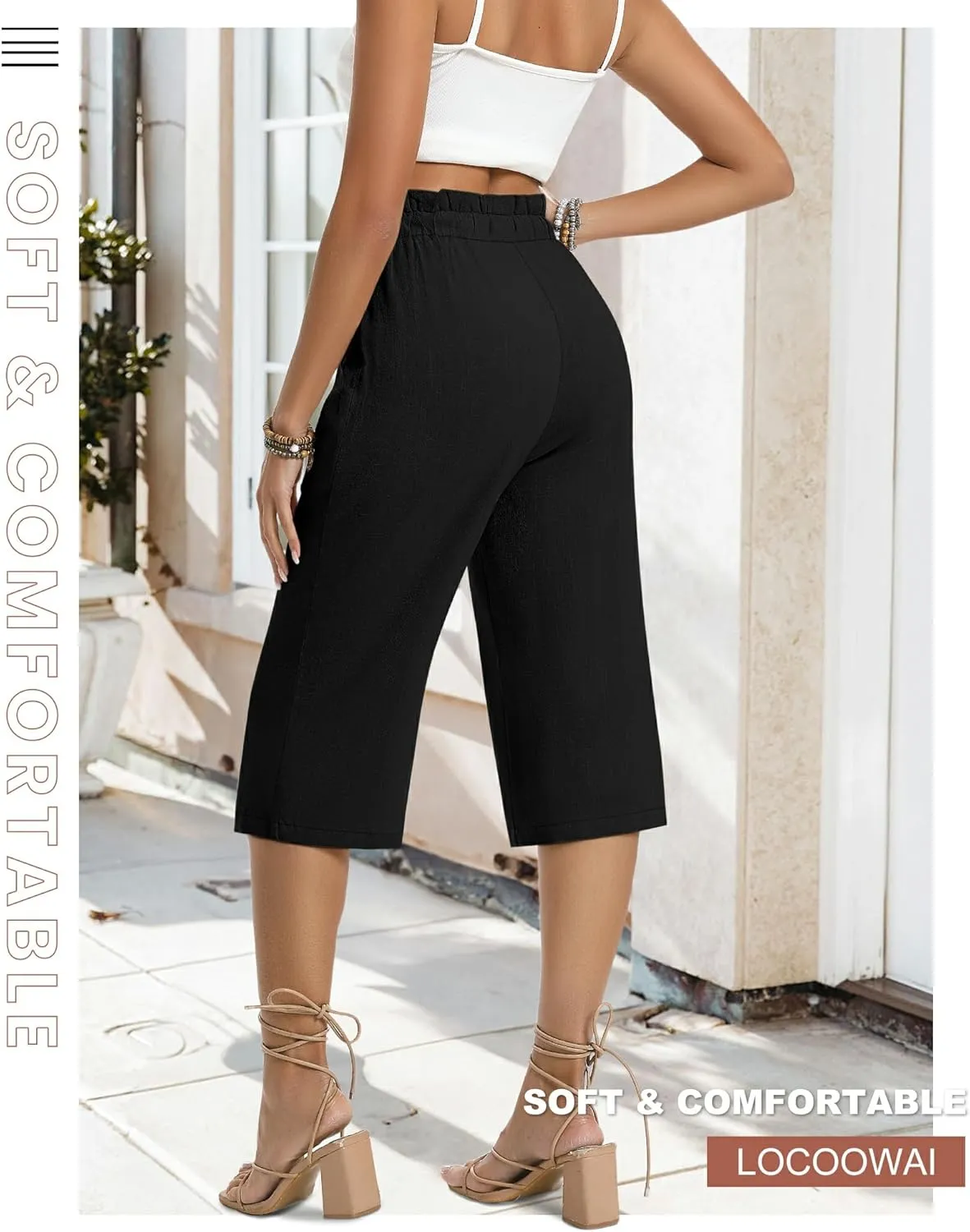 2 Pack Women's Linen Cotton Capri Pants Drawstring High Waisted Loose Wide Leg Casual Summer Trousers with Pockets