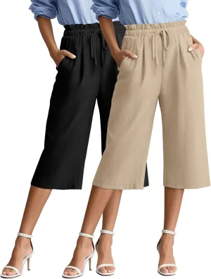 2 Pack Women's Linen Cotton Capri Pants Drawstring High Waisted Loose Wide Leg Casual Summer Trousers with Pockets
