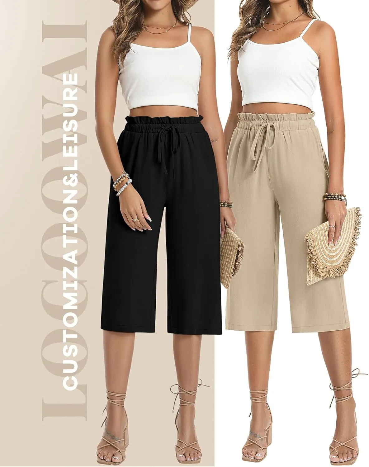 2 Pack Women's Linen Cotton Capri Pants Drawstring High Waisted Loose Wide Leg Casual Summer Trousers with Pockets