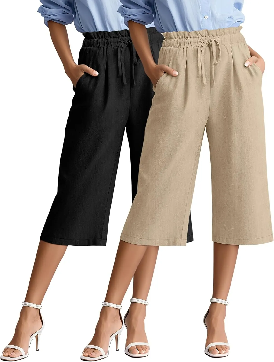 2 Pack Women's Linen Cotton Capri Pants Drawstring High Waisted Loose Wide Leg Casual Summer Trousers with Pockets
