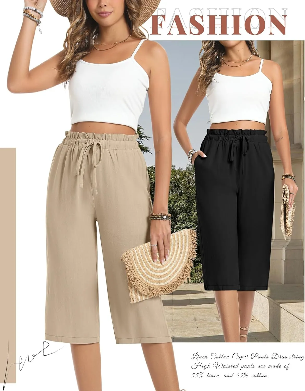 2 Pack Women's Linen Cotton Capri Pants Drawstring High Waisted Loose Wide Leg Casual Summer Trousers with Pockets