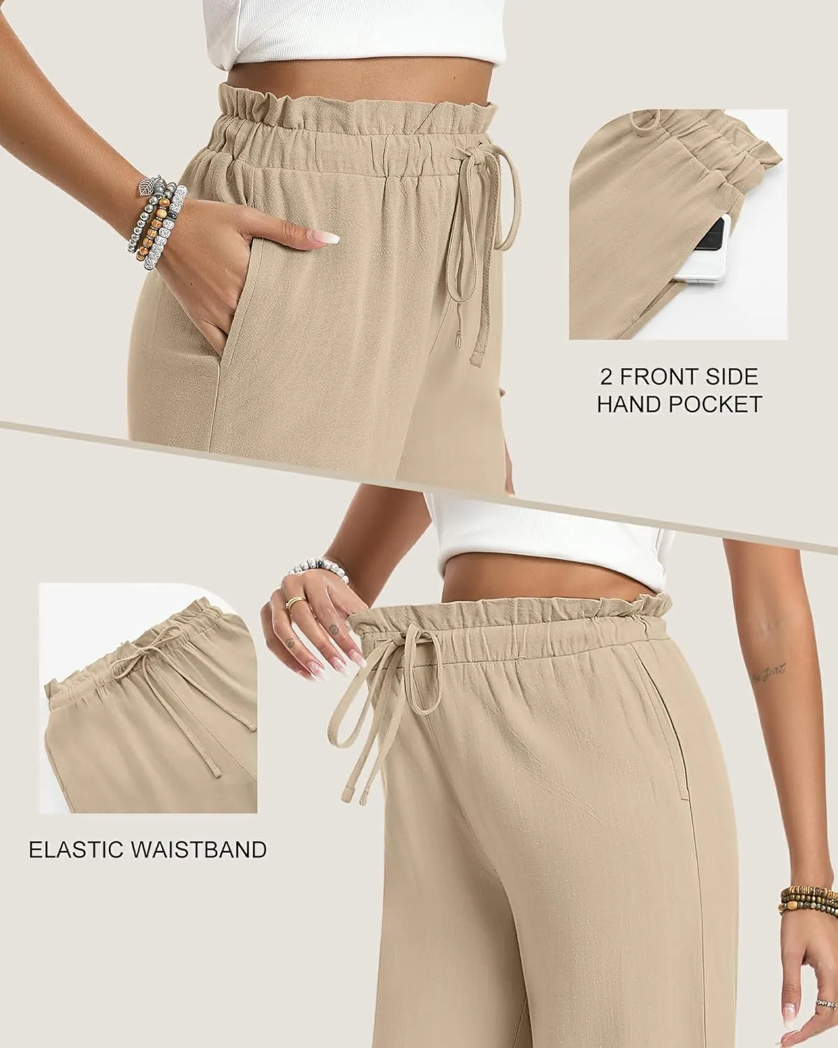 2 Pack Women's Linen Cotton Capri Pants Drawstring High Waisted Loose Wide Leg Casual Summer Trousers with Pockets