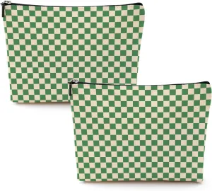 2 Pcs Checkered Makeup Bags Make up Bag Cosmetic Bags for Women Girls Sister Teacher Friendship Graduation Thank You Gifts Birthday Mothers Day Aesthetic Travel Toiletry Bag, Cute Green Plaid