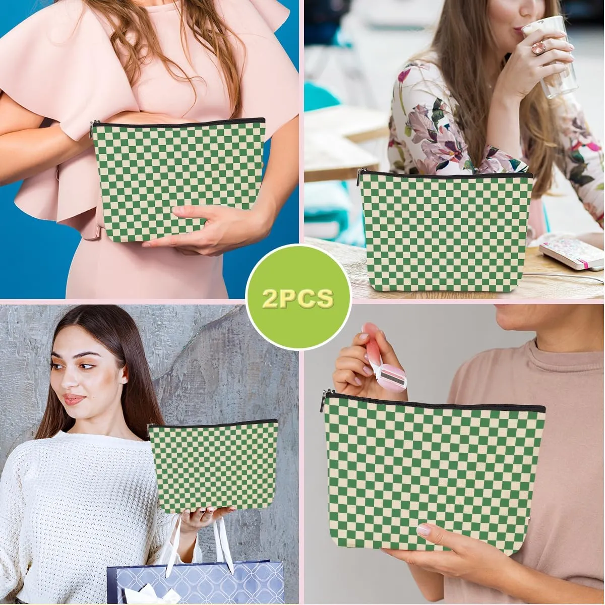 2 Pcs Checkered Makeup Bags Make up Bag Cosmetic Bags for Women Girls Sister Teacher Friendship Graduation Thank You Gifts Birthday Mothers Day Aesthetic Travel Toiletry Bag, Cute Green Plaid