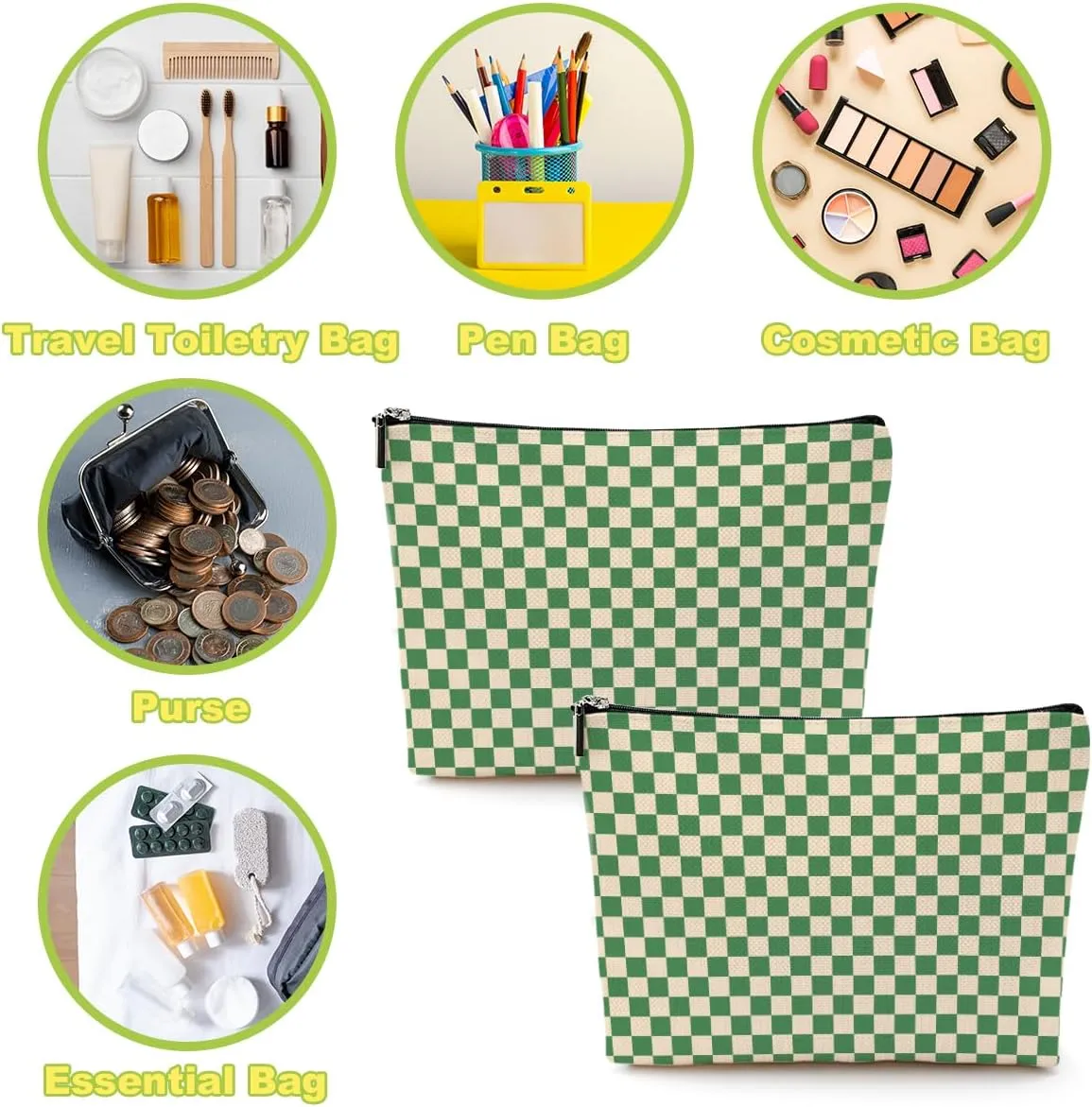 2 Pcs Checkered Makeup Bags Make up Bag Cosmetic Bags for Women Girls Sister Teacher Friendship Graduation Thank You Gifts Birthday Mothers Day Aesthetic Travel Toiletry Bag, Cute Green Plaid