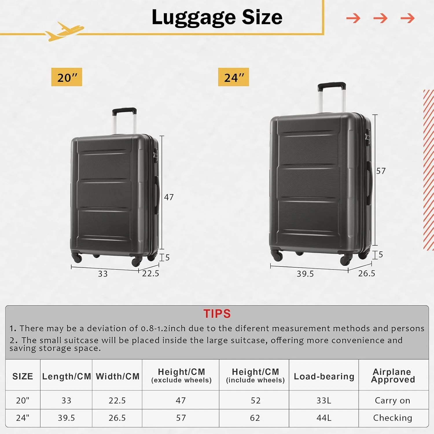 2 Piece Luggage Set, Expanable Spinner Wheels ABS Lightweight Suitcase with TSA Lock, Hardside Luggage Travel with Duffel Bags and Toiletry Bag, Luggage Suitcase Piece Set (Dark Gray)
