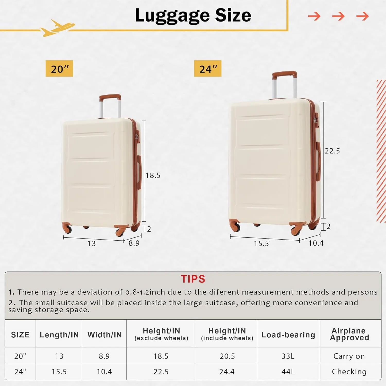 2 Piece Luggage Set, Expanable Spinner Wheels ABS Lightweight Suitcase with TSA Lock, Hardside Luggage Travel with Duffel Bags and Toiletry Bag, Luggage Suitcase Piece Set (Khaki Brown)