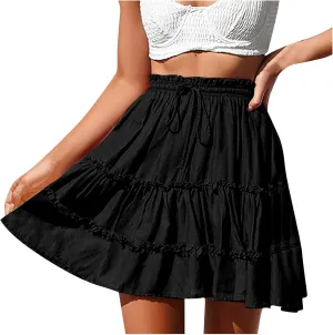 2025 Summer Boho Skirts for Women Tiered Pleated Mini Skirt Solid Bohemian Beach Vacation Skirts Cruise Clothes