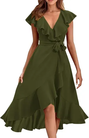 2025 Summer Dresses Women Wrap Midi Dress Casual Boho Deep Vneck Short Sleeve Ruffle Hem Split Beach Flowy Long Skirt