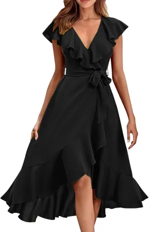 2025 Summer Dresses Women Wrap Midi Dress Casual Boho Deep Vneck Short Sleeve Ruffle Hem Split Beach Flowy Long Skirt