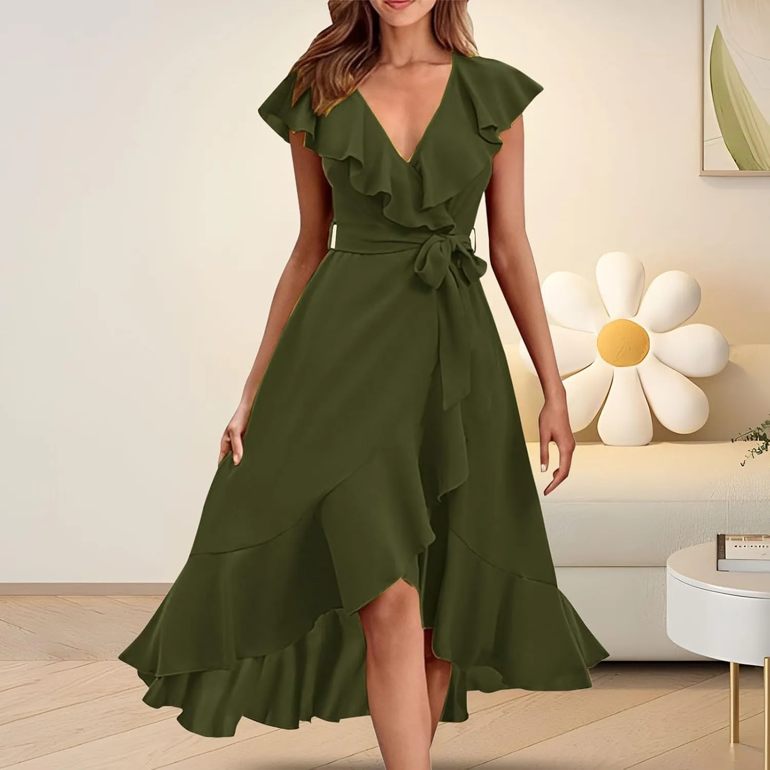 2025 Summer Dresses Women Wrap Midi Dress Casual Boho Deep Vneck Short Sleeve Ruffle Hem Split Beach Flowy Long Skirt