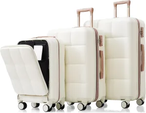3-Piece Durable Luggage Set - Travel Light, Stay Connected, Featuring USB Port, Spinner Wheels, and Cup Holder - White