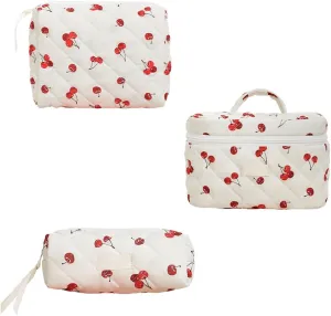 3Pcs Quilted Cotton Makeup Bag,Coquette Quilted Toiletry Bag for Women and Girls, Coquette Pouch, Cute Kawaii Travel Cosmetic Bags