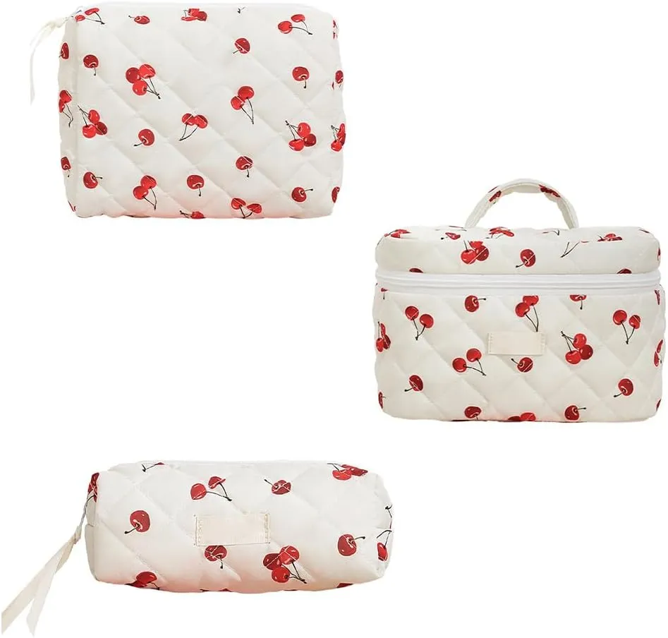 3Pcs Quilted Cotton Makeup Bag,Coquette Quilted Toiletry Bag for Women and Girls, Coquette Pouch, Cute Kawaii Travel Cosmetic Bags