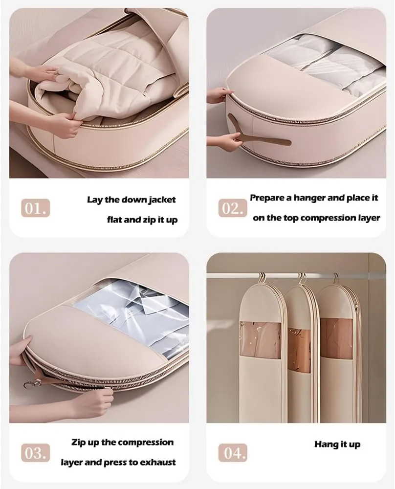 3PCS Space Saving Hanging Garment Bag with Self Compression Zipper, Dust Cover Clothes Bags for Down Coat, Space Saving Garment Bags, Protects Clothes from Wrinkles (Beige(S M L))