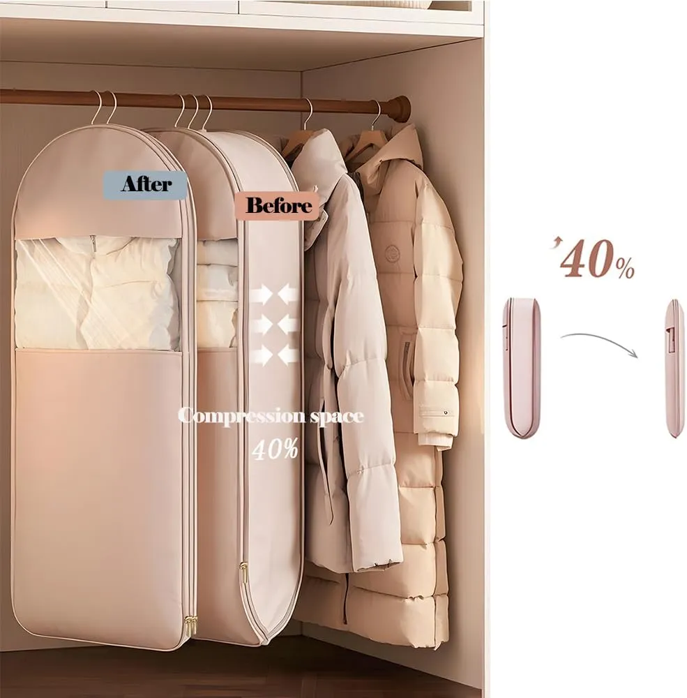 3PCS Space Saving Hanging Garment Bag with Self Compression Zipper, Dust Cover Clothes Bags for Down Coat, Space Saving Garment Bags, Protects Clothes from Wrinkles (Beige(S M L))