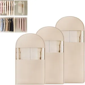 3PCS Space Saving Hanging Garment Bag with Self Compression Zipper, Dust Cover Clothes Bags for Down Coat, Space Saving Garment Bags, Protects Clothes from Wrinkles (Beige(S M L))