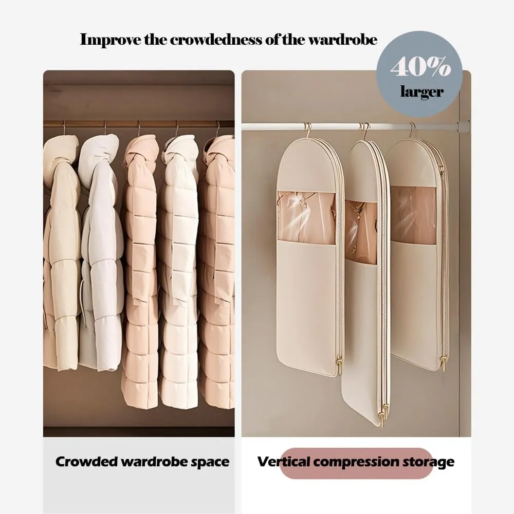 3PCS Space Saving Hanging Garment Bag with Self Compression Zipper, Dust Cover Clothes Bags for Down Coat, Space Saving Garment Bags, Protects Clothes from Wrinkles (Beige(S M L))