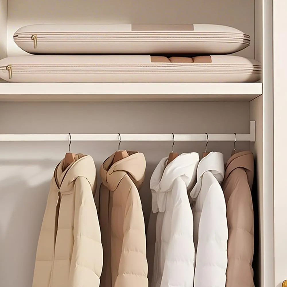 3PCS Space Saving Hanging Garment Bag with Self Compression Zipper, Dust Cover Clothes Bags for Down Coat, Space Saving Garment Bags, Protects Clothes from Wrinkles (Beige(S M L))