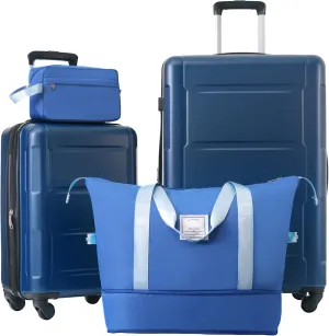 4 Piece Luggage Set, Expanable Spinner Wheels Luggage Set, ABS Lightweight Suitcase with TSA Lock, 20-inch Suitcase, 28-inch Suitcase, Travel Duffel Bag, Toiletry Bag (Blue/5)