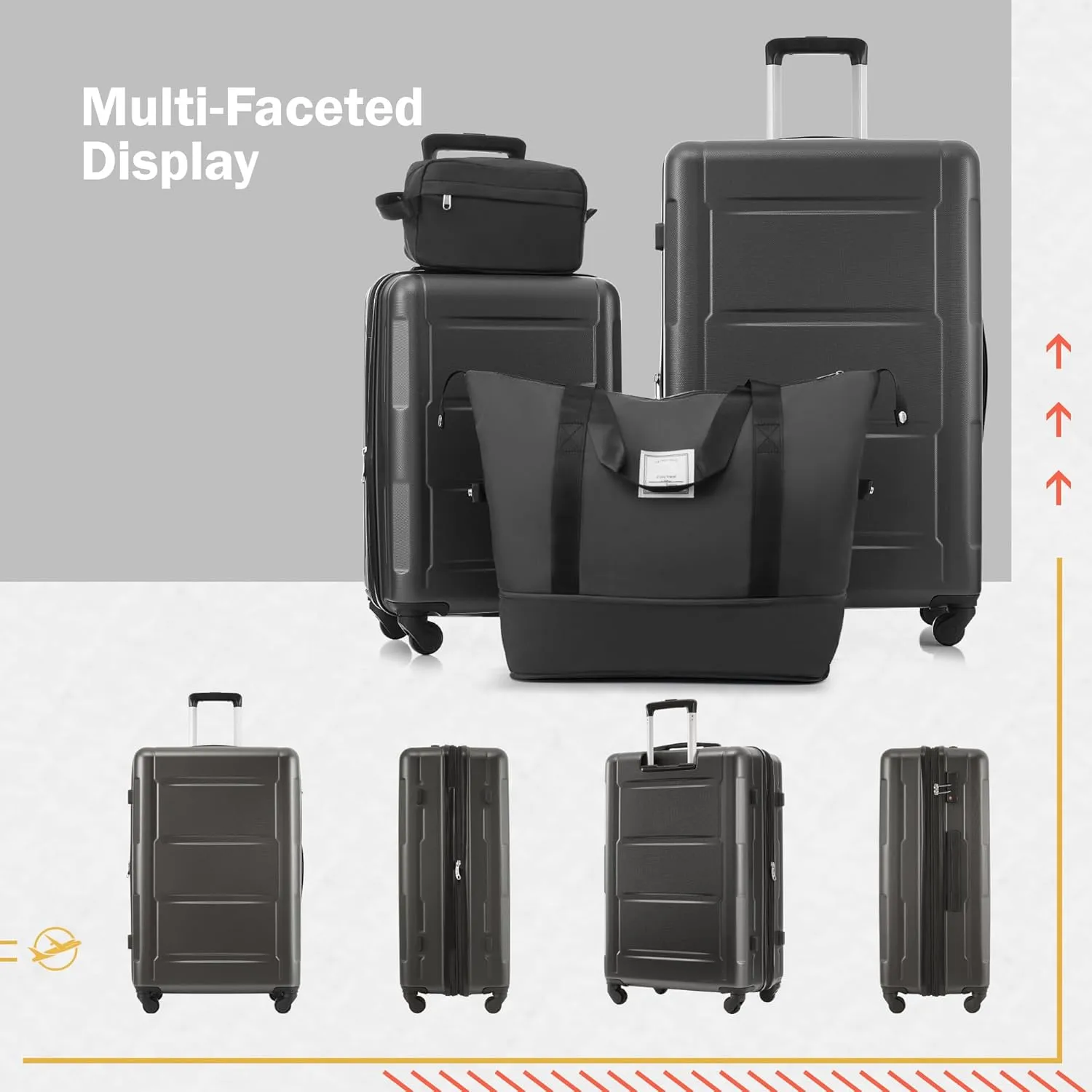 4 Piece Luggage Set, Expanable Spinner Wheels Luggage Set, ABS Lightweight Suitcase with TSA Lock, 20-inch Suitcase, 28-inch Suitcase, Travel Duffel Bag, Toiletry Bag (Dark Gray/5)