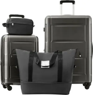 4 Piece Luggage Set, Expanable Spinner Wheels Luggage Set, ABS Lightweight Suitcase with TSA Lock, 20-inch Suitcase, 28-inch Suitcase, Travel Duffel Bag, Toiletry Bag (Dark Gray/5)