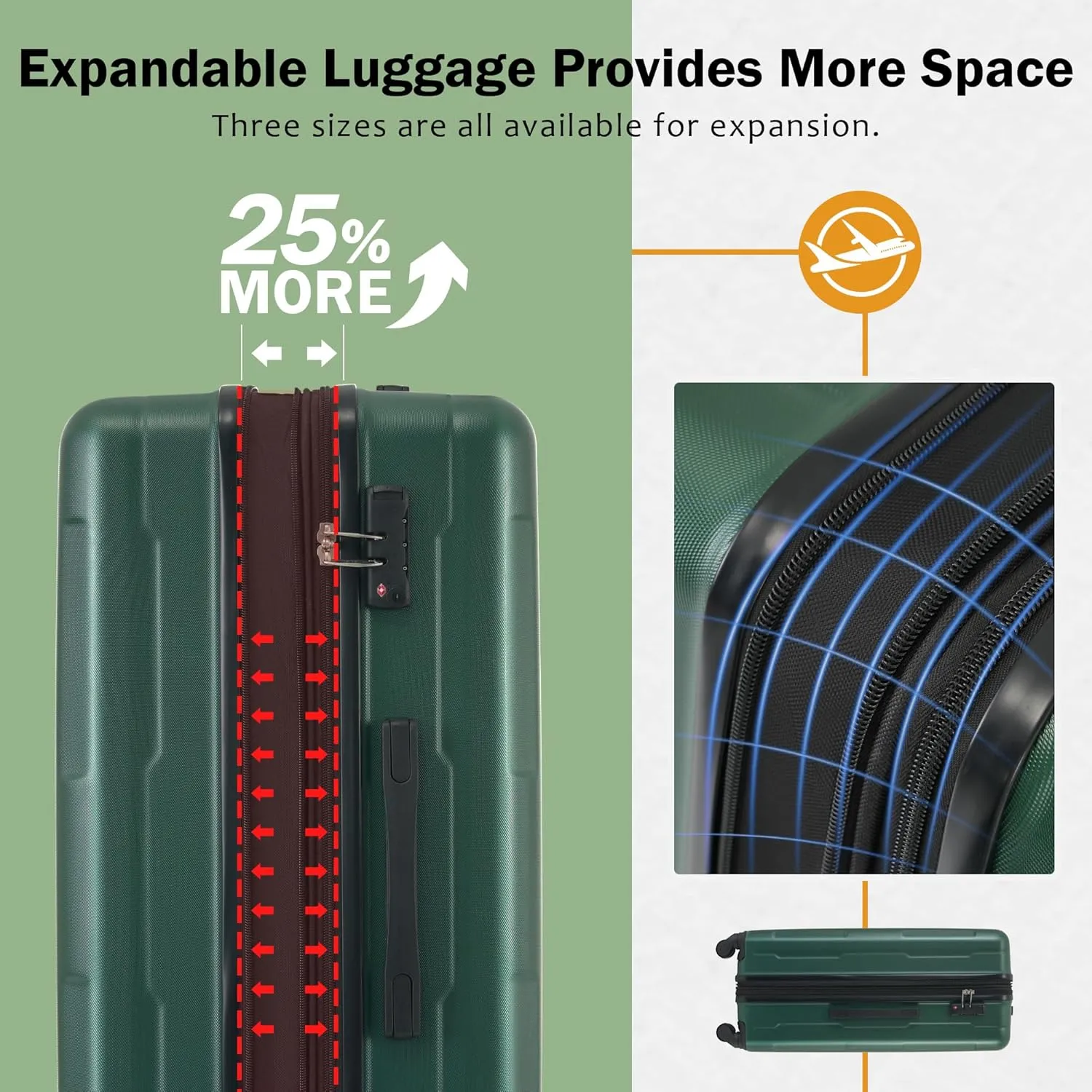4 Piece Luggage Set, Expanable Spinner Wheels Luggage Set, ABS Lightweight Suitcase with TSA Lock, 20-inch Suitcase, 28-inch Suitcase, Travel Duffel Bag, Toiletry Bag (Green/5)
