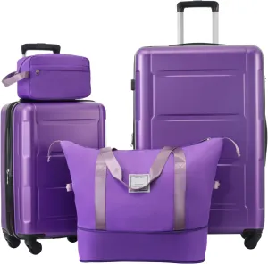 4 Piece Luggage Set, Expanable Spinner Wheels Luggage Set, ABS Lightweight Suitcase with TSA Lock, 20-inch Suitcase, 28-inch Suitcase, Travel Duffel Bag, Toiletry Bag (Purple/5)
