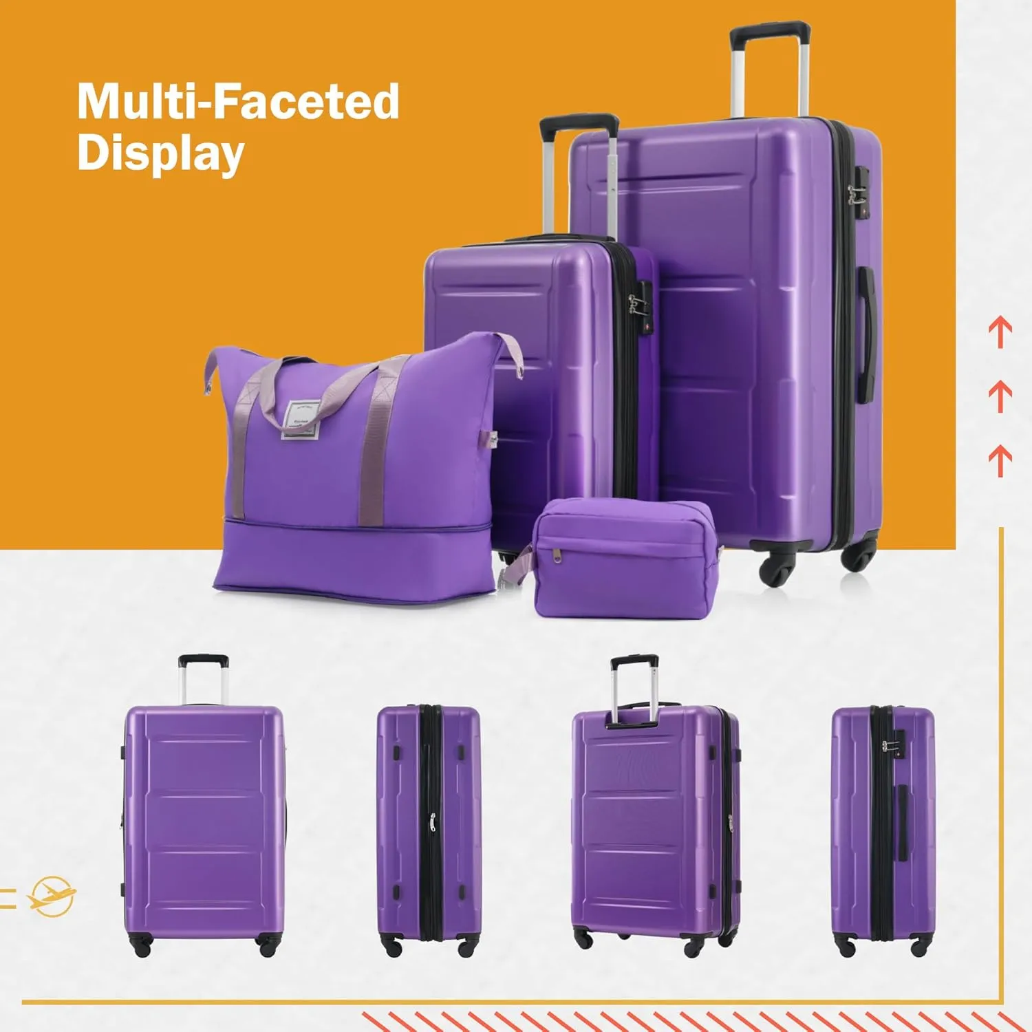 4 Piece Luggage Set, Expanable Spinner Wheels Luggage Set, ABS Lightweight Suitcase with TSA Lock, 20-inch Suitcase, 28-inch Suitcase, Travel Duffel Bag, Toiletry Bag (Purple/5)