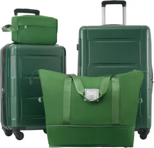 4 Piece Luggage Set, Expanable Spinner Wheels Luggage Set with Bags, ABS Lightweight Suitcase with TSA Lock, 20-inch Suitcase, 24-inch Suitcase, Travel Duffel Bag, Toiletry Bag (Green/7)