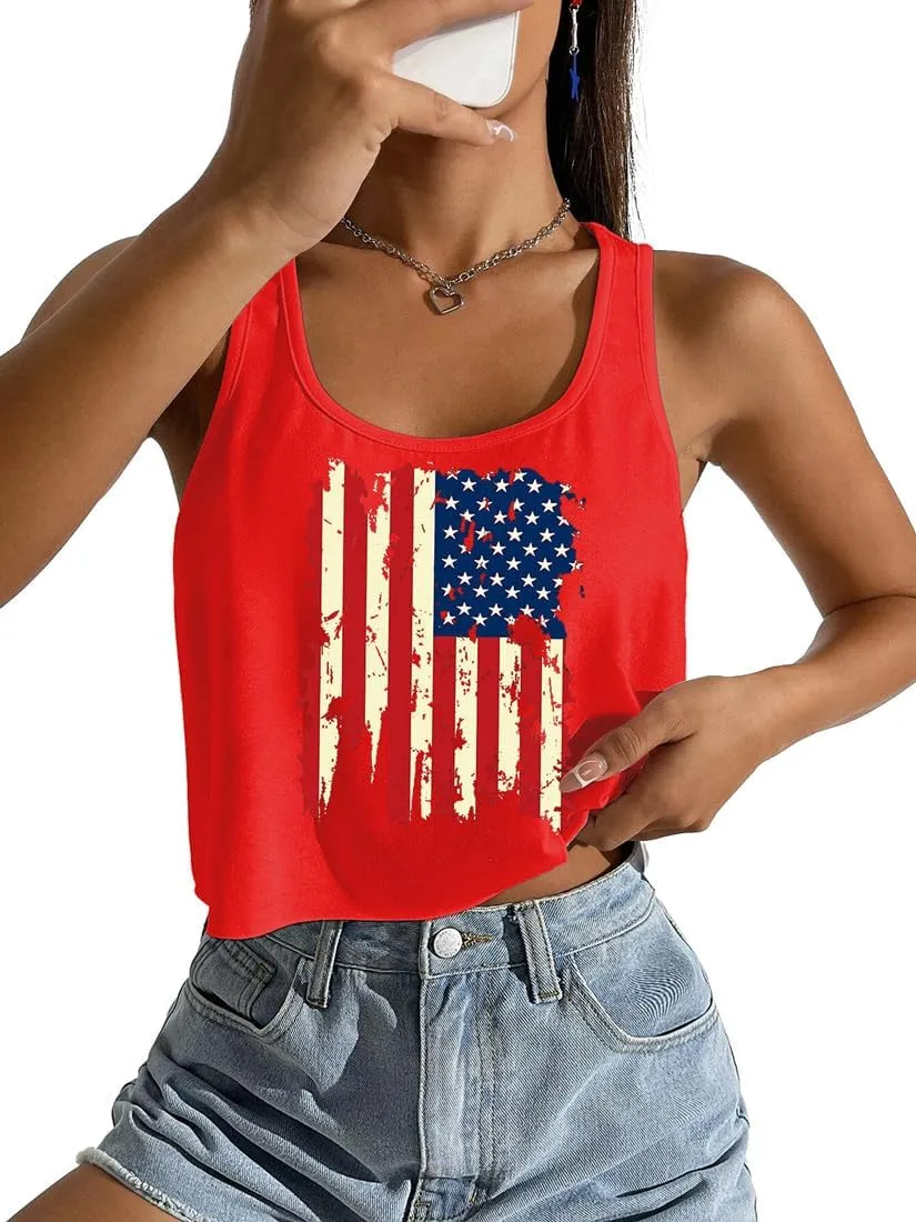 4th of July Sexy Crop Tank for Women Independence Day Funny Graphic Sleeveless American Proud Summer Patriotic Shirt