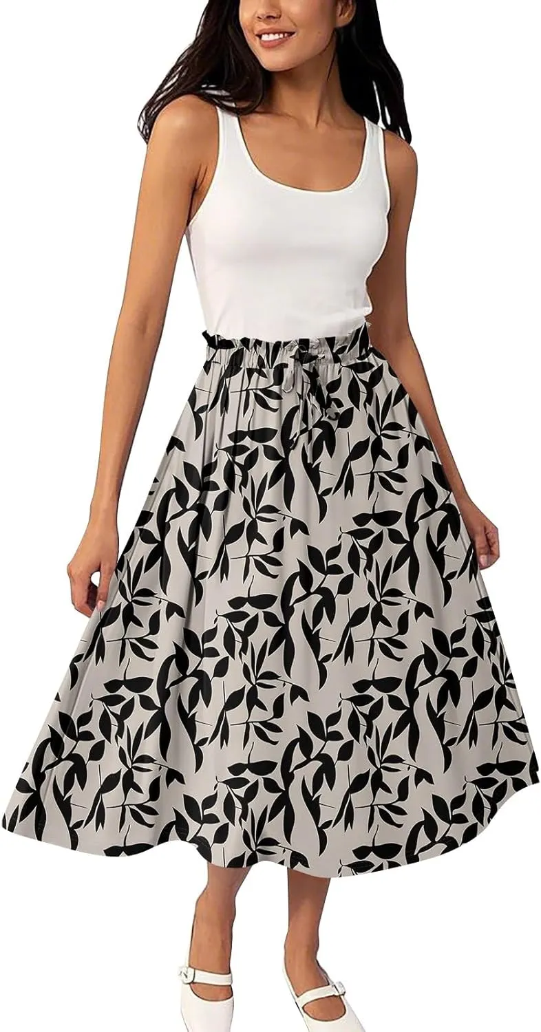 ADHOWBEW Womens Floral Maxi Skirt Summer Casual Smocked Sexy Elastic Waist Trendy Cotton Flowy Skirts