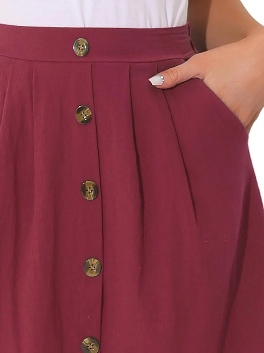 Allegra K Midi Skirts for Women Casual High Elastic Waist Button Pleated Linen A Line Skirts with Pockets