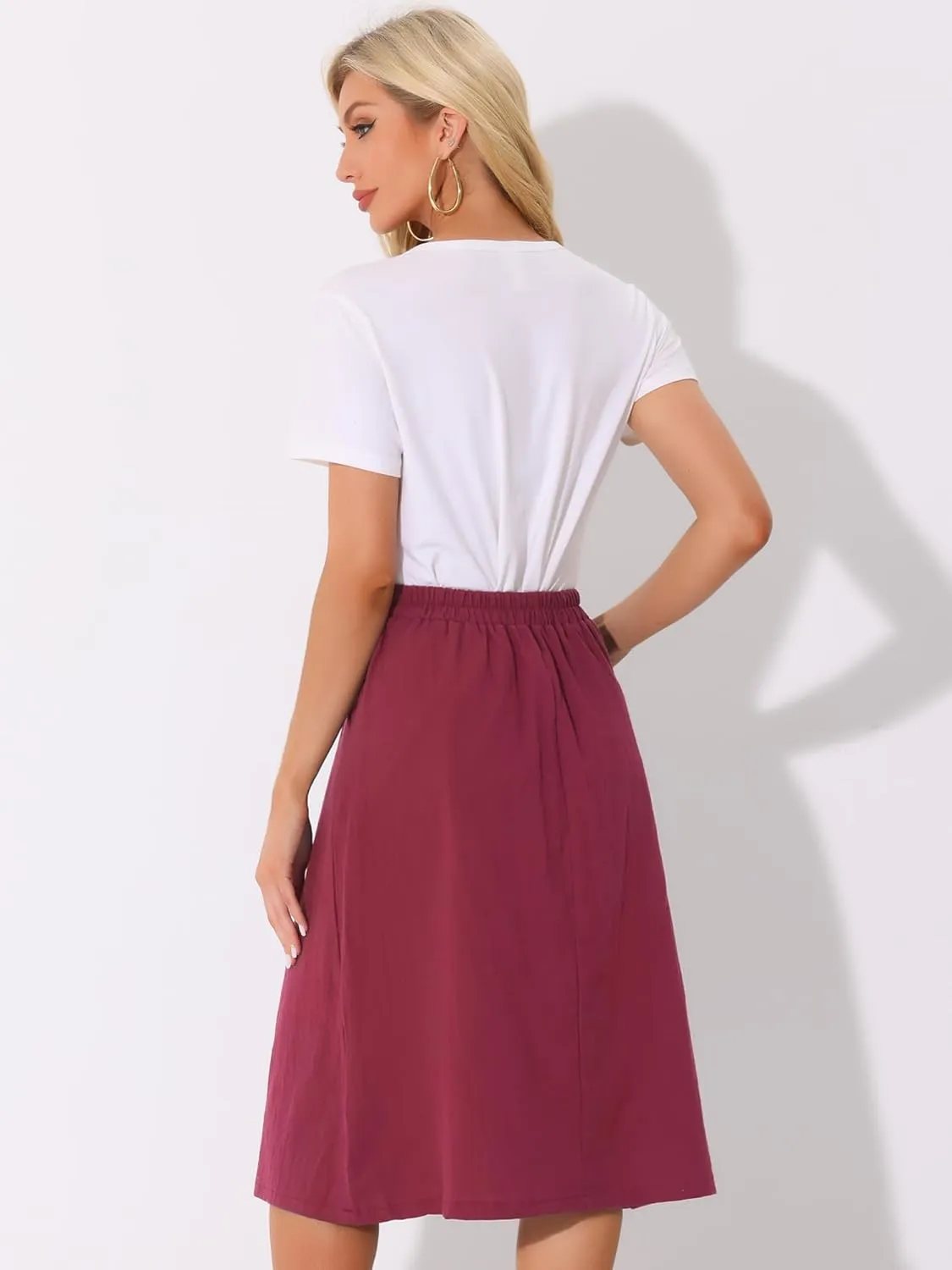 Allegra K Midi Skirts for Women Casual High Elastic Waist Button Pleated Linen A Line Skirts with Pockets