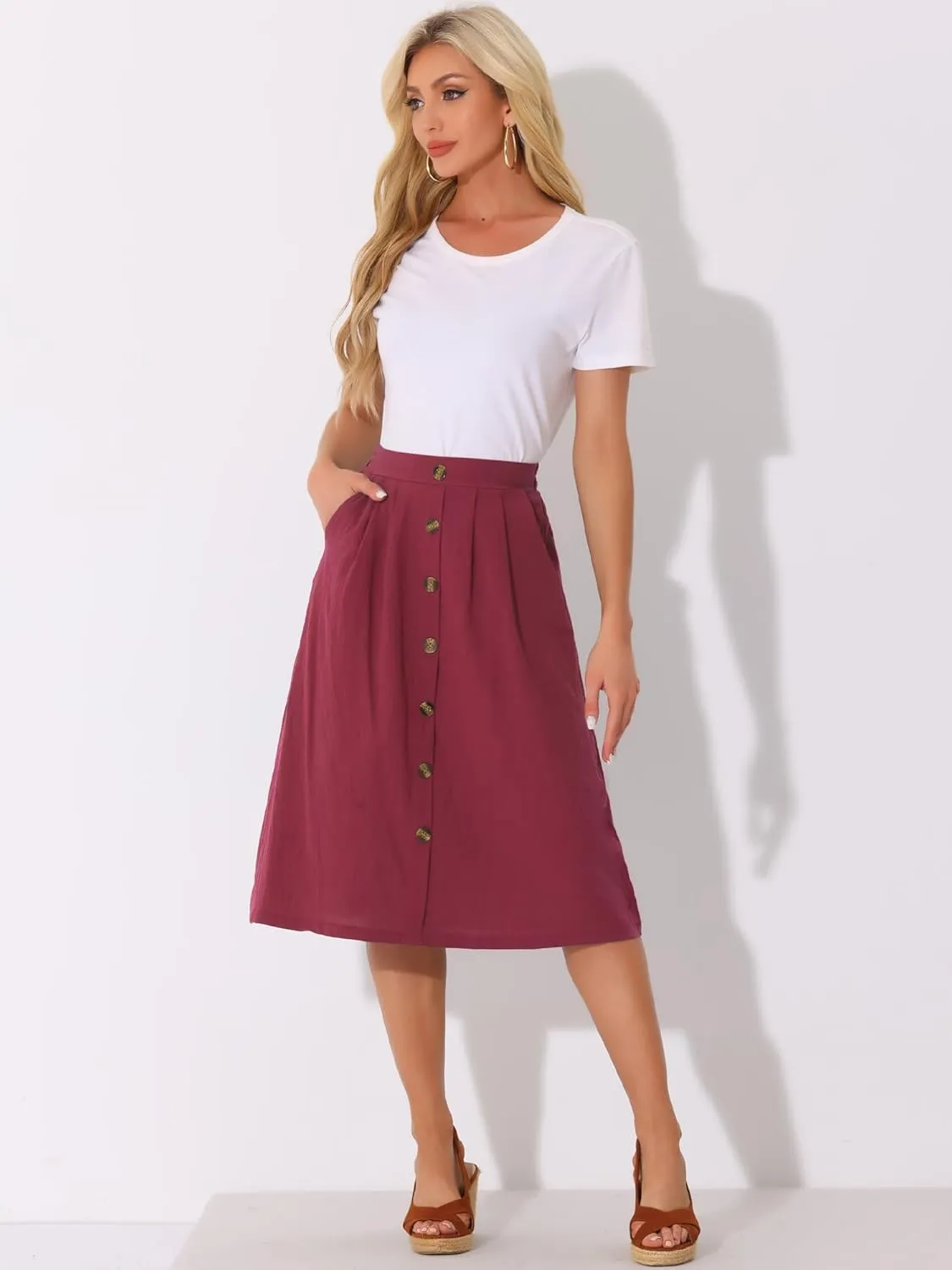 Allegra K Midi Skirts for Women Casual High Elastic Waist Button Pleated Linen A Line Skirts with Pockets