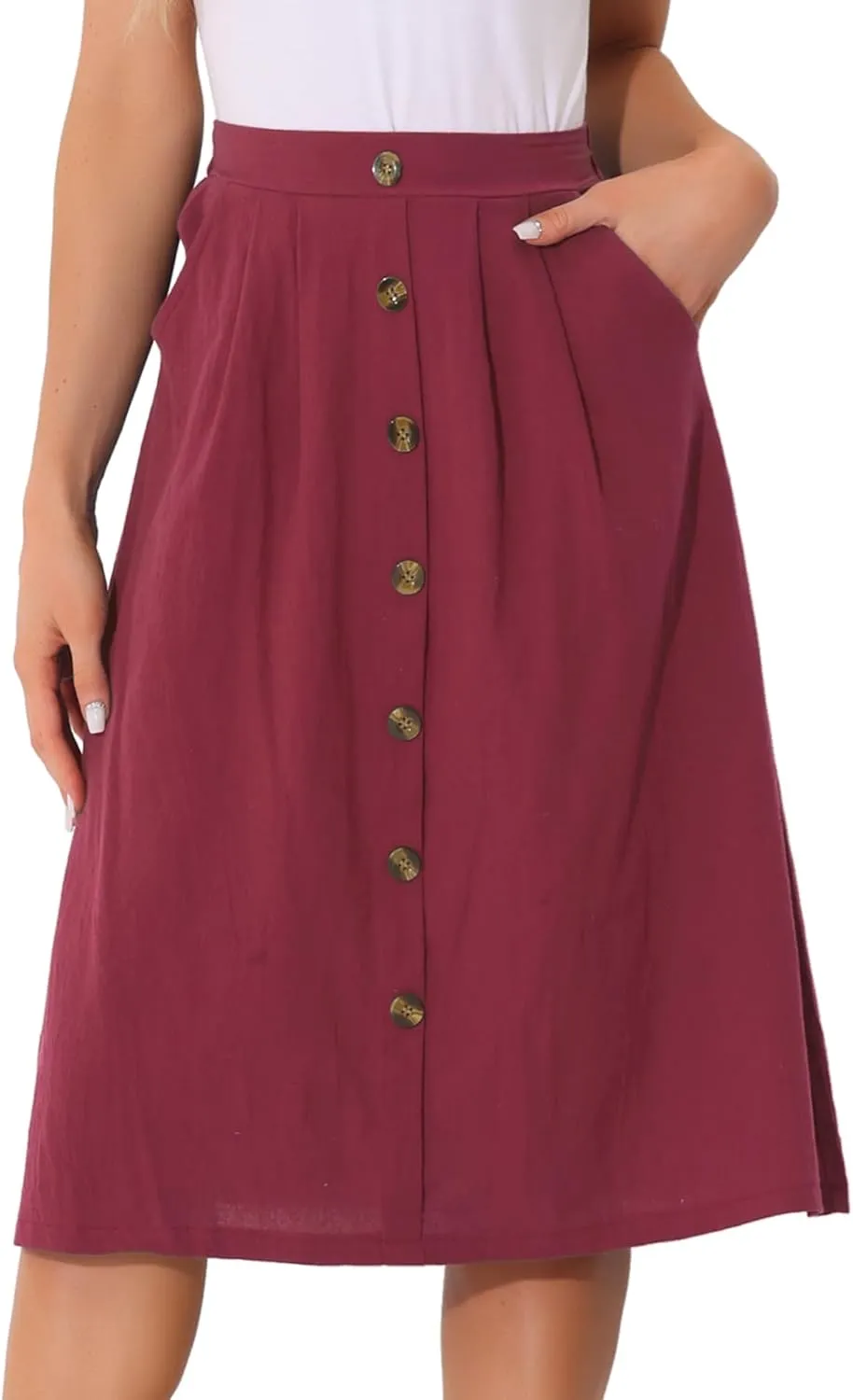 Allegra K Midi Skirts for Women Casual High Elastic Waist Button Pleated Linen A Line Skirts with Pockets
