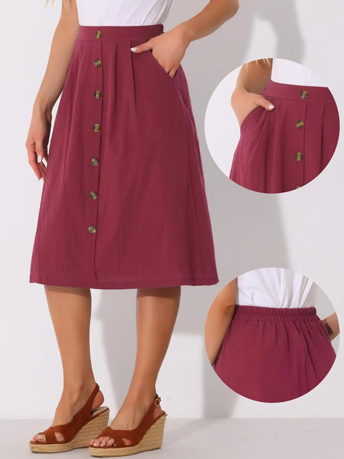Allegra K Midi Skirts for Women Casual High Elastic Waist Button Pleated Linen A Line Skirts with Pockets