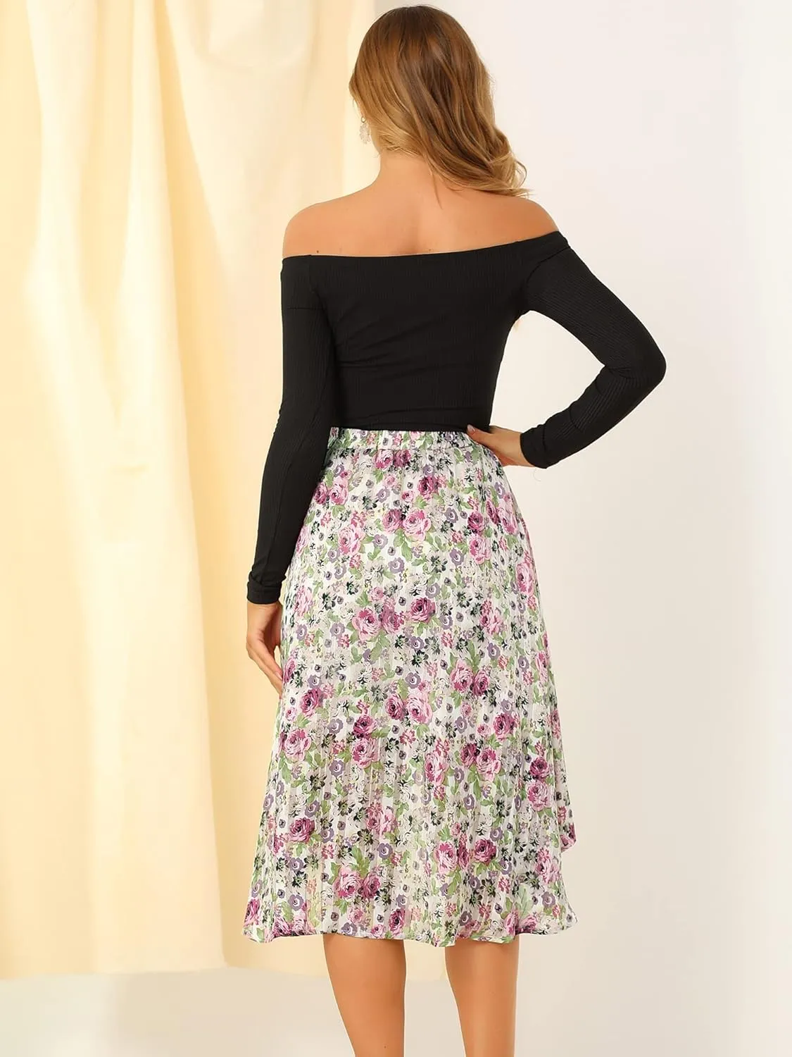 Allegra K Women's High Low Hem Elastic Waist Lurex Chiffon A-Line Midi Floral Skirt