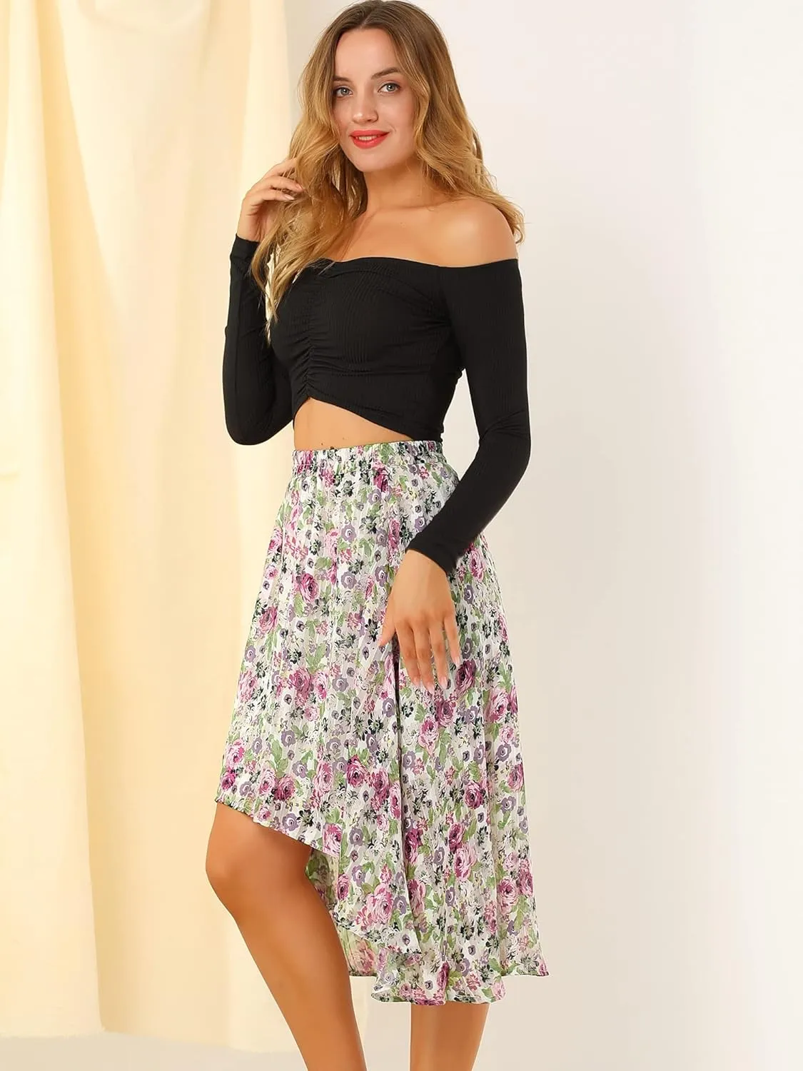 Allegra K Women's High Low Hem Elastic Waist Lurex Chiffon A-Line Midi Floral Skirt