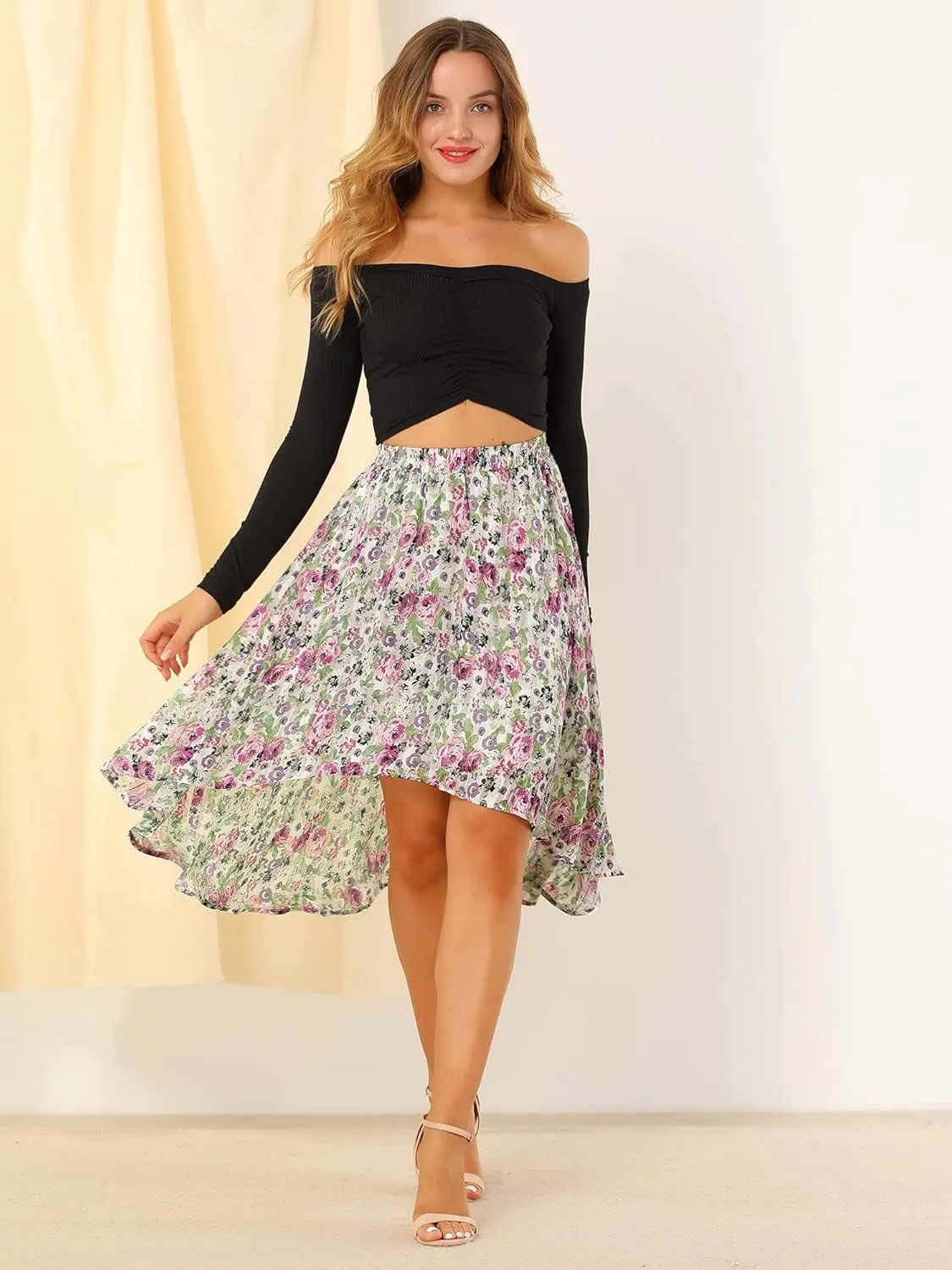 Allegra K Women's High Low Hem Elastic Waist Lurex Chiffon A-Line Midi Floral Skirt