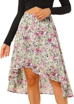 Allegra K Women's High Low Hem Elastic Waist Lurex Chiffon A-Line Midi Floral Skirt