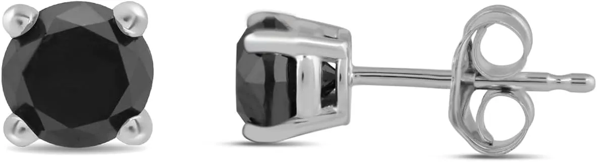 Amazon Essentials 0.5 to 2 Carats Round Black Diamonds, 10K White Gold, Stud Earrings - Stud Earrings for Women.