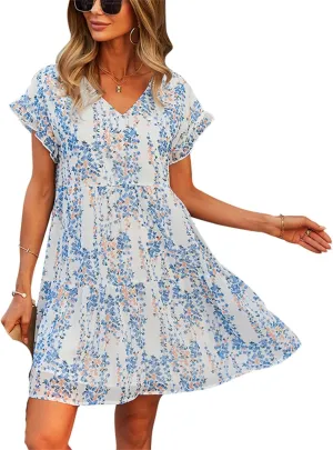 Andongnywell Womens Spring Summer Deep V Neck Ruffle Short Sleeve Floral Print Mini Dress