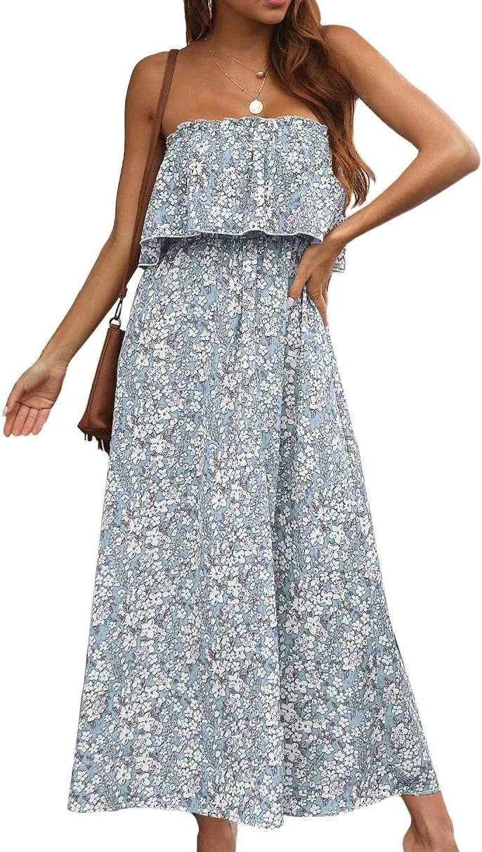 Anna-Kaci Women Ruffle Maxi Dress Boho Strapless Floral Tube Top Casual Summer Beach Dresses (S-XL)