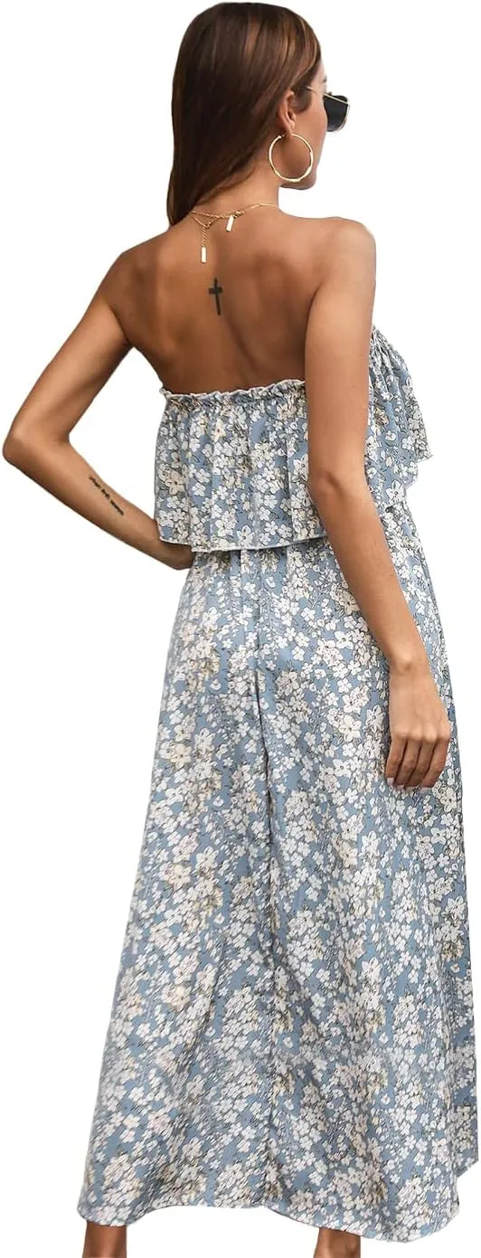 Anna-Kaci Women Ruffle Maxi Dress Boho Strapless Floral Tube Top Casual Summer Beach Dresses (S-XL)