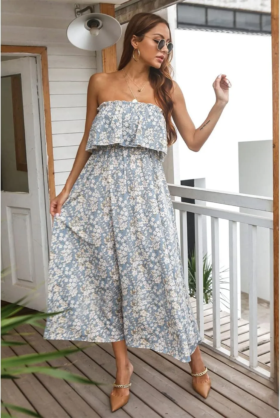 Anna-Kaci Women Ruffle Maxi Dress Boho Strapless Floral Tube Top Casual Summer Beach Dresses (S-XL)