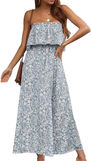Anna-Kaci Women Ruffle Maxi Dress Boho Strapless Floral Tube Top Casual Summer Beach Dresses (S-XL)
