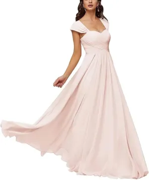 ANYSWBKN Cap Sleeve Juniors Bridesmaid Dresses for Wedding A Line Long Chiffon Ruched Formal Evening Gown
