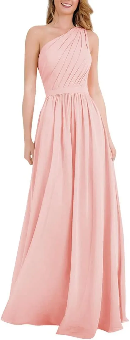 ANYSWBKN One Shoulder Juniors Bridesmaid Dresses for Wedding Guest Party Long Chiffon Prom Evening Gown